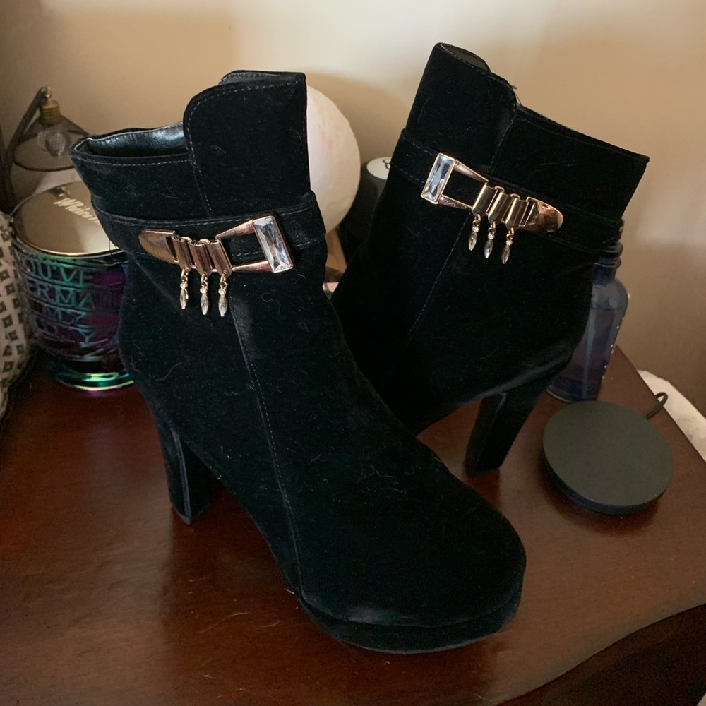 Black Suede Booties with jewelled hardware